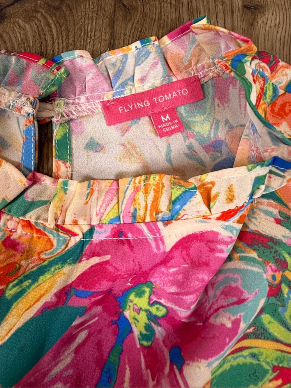 Flying Tomato Tropical Floral Ruffle-Sleeve Top in Pink & Teal - Picture 4 of 8